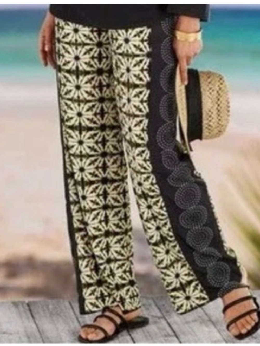New Soft Surroundings Canna Black & Cream Patterned Wide-Leg Pants High Rise XL